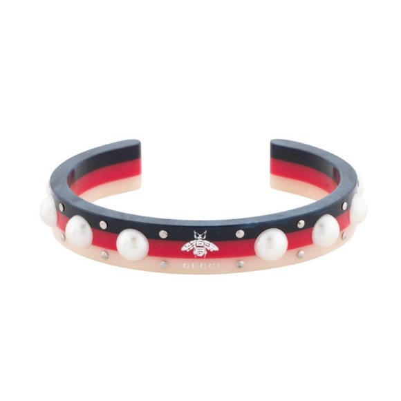 GUCCI Sylvie Web BRACELET Vintage PEARL Stud BEE Logo Italy S - Picture 10 of 11